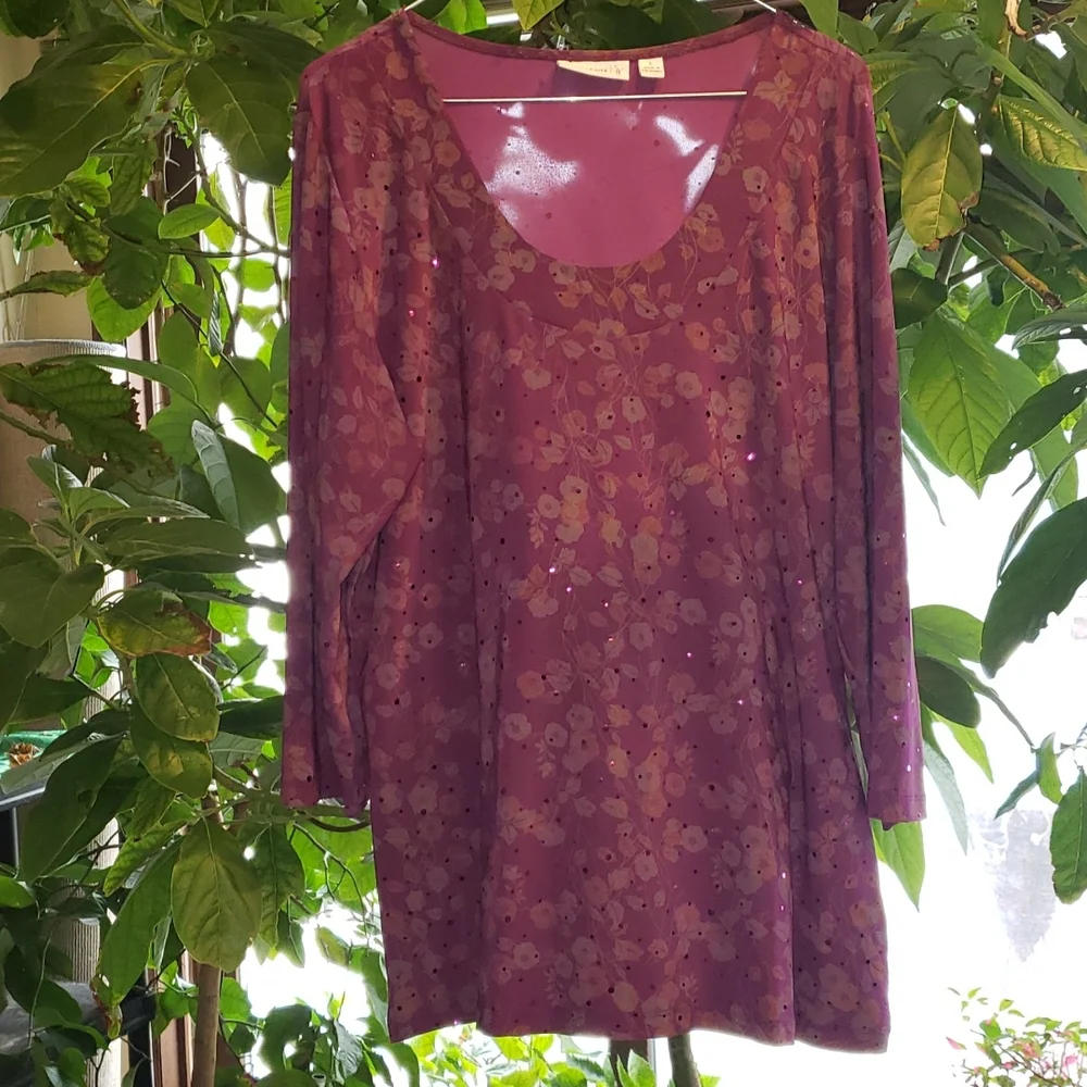 Susan Graver Purple Floral Scoop Neck 3/4 Sleeve Blouse Large - Picture 1 of 9